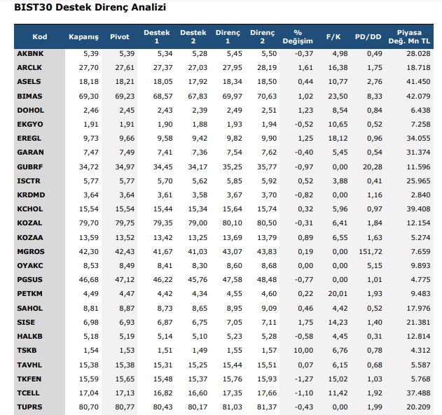 BIST30 Destek Direnc Analizi