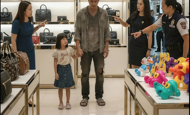 Bir baba kalabalık bir alışveriş bölgesine girdi ve lüks çanta satan bir mağazaya girdi